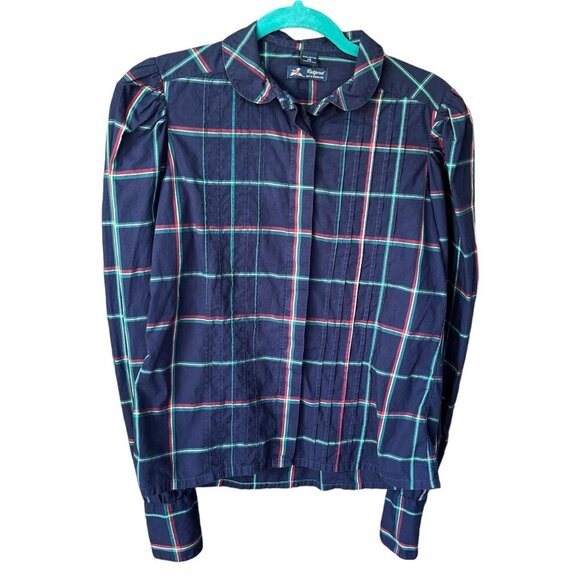 Retford Kenneth Gordon Womens VTG Blouse Size 10 Navy Blue Plaid Twee Peter Pan - Picture 1 of 8